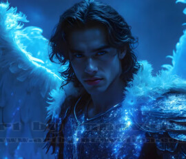 Stunning AI-generated male angel art — handsome heavenly warriors with enormous shimmering wings descending from the celestial realm. Heaven's Warriors Collection by Jeff Dupler.