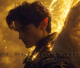 Stunning AI-generated male angel art — handsome heavenly warriors with enormous shimmering wings descending from the celestial realm. Heaven's Warriors Collection by Jeff Dupler.