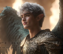 Stunning AI-generated male angel art — handsome heavenly warriors with enormous shimmering wings descending from the celestial realm. Heaven's Warriors Collection by Jeff Dupler.
