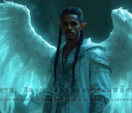 Stunning AI-generated male angel art — handsome heavenly warriors with enormous shimmering wings descending from the celestial realm. Heaven's Warriors Collection by Jeff Dupler.