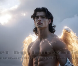 Stunning AI-generated male angel art — handsome heavenly warriors with enormous shimmering wings descending from the celestial realm. Heaven's Warriors Collection by Jeff Dupler.