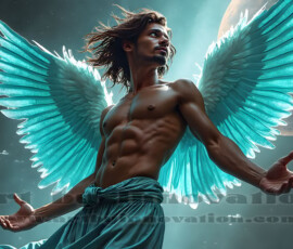 Stunning AI-generated male angel art — handsome heavenly warriors with enormous shimmering wings descending from the celestial realm. Heaven's Warriors Collection by Jeff Dupler.