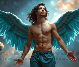 Stunning AI-generated male angel art — handsome heavenly warriors with enormous shimmering wings descending from the celestial realm. Heaven's Warriors Collection by Jeff Dupler.
