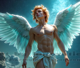 Stunning AI-generated male angel art — handsome heavenly warriors with enormous shimmering wings descending from the celestial realm. Heaven's Warriors Collection by Jeff Dupler.