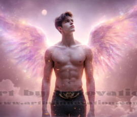 Stunning AI-generated male angel art — handsome heavenly warriors with enormous shimmering wings descending from the celestial realm. Heaven's Warriors Collection by Jeff Dupler.