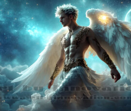 Stunning AI-generated male angel art — handsome heavenly warriors with enormous shimmering wings descending from the celestial realm. Heaven's Warriors Collection by Jeff Dupler.