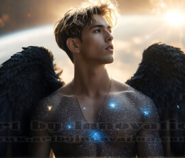 Stunning AI-generated male angel art — handsome heavenly warriors with enormous shimmering wings descending from the celestial realm. Heaven's Warriors Collection by Jeff Dupler.