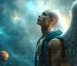 Stunning AI-generated male angel art — handsome heavenly warriors with enormous shimmering wings descending from the celestial realm. Heaven's Warriors Collection by Jeff Dupler.