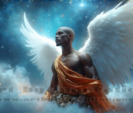 Stunning AI-generated male angel art — handsome heavenly warriors with enormous shimmering wings descending from the celestial realm. Heaven's Warriors Collection by Jeff Dupler.