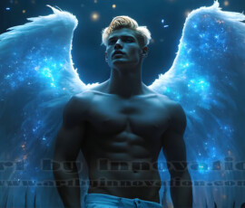 Stunning AI-generated male angel art — handsome heavenly warriors with enormous shimmering wings descending from the celestial realm. Heaven's Warriors Collection by Jeff Dupler.