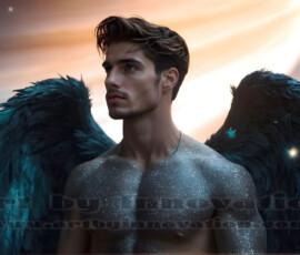 Stunning AI-generated male angel art — handsome heavenly warriors with enormous shimmering wings descending from the celestial realm. Heaven's Warriors Collection by Jeff Dupler.