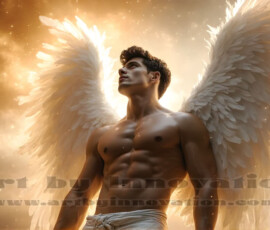 Stunning AI-generated male angel art — handsome heavenly warriors with enormous shimmering wings descending from the celestial realm. Heaven's Warriors Collection by Jeff Dupler.