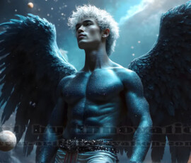 Stunning AI-generated male angel art — handsome heavenly warriors with enormous shimmering wings descending from the celestial realm. Heaven's Warriors Collection by Jeff Dupler.