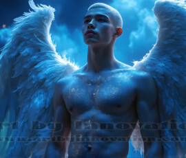 Stunning AI-generated male angel art — handsome heavenly warriors with enormous shimmering wings descending from the celestial realm. Heaven's Warriors Collection by Jeff Dupler.