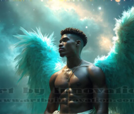 Stunning AI-generated male angel art — handsome heavenly warriors with enormous shimmering wings descending from the celestial realm. Heaven's Warriors Collection by Jeff Dupler.