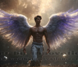 Stunning AI-generated male angel art — handsome heavenly warriors with enormous shimmering wings descending from the celestial realm. Heaven's Warriors Collection by Jeff Dupler.