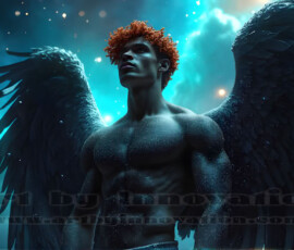 Stunning AI-generated male angel art — handsome heavenly warriors with enormous shimmering wings descending from the celestial realm. Heaven's Warriors Collection by Jeff Dupler.