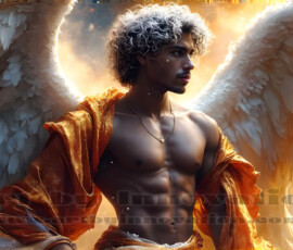Stunning AI-generated male angel art — handsome heavenly warriors with enormous shimmering wings descending from the celestial realm. Heaven's Warriors Collection by Jeff Dupler.