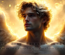 Stunning AI-generated male angel art — handsome heavenly warriors with enormous shimmering wings descending from the celestial realm. Heaven's Warriors Collection by Jeff Dupler.