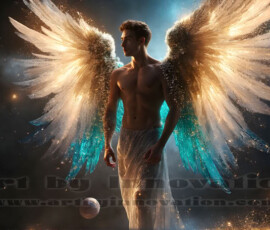 Stunning AI-generated male angel art — handsome heavenly warriors with enormous shimmering wings descending from the celestial realm. Heaven's Warriors Collection by Jeff Dupler.