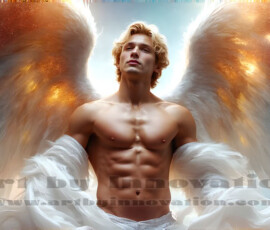Stunning AI-generated male angel art — handsome heavenly warriors with enormous shimmering wings descending from the celestial realm. Heaven's Warriors Collection by Jeff Dupler.