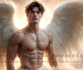 Stunning AI-generated male angel art — handsome heavenly warriors with enormous shimmering wings descending from the celestial realm. Heaven's Warriors Collection by Jeff Dupler.