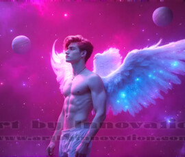 Stunning AI-generated male angel art — handsome heavenly warriors with enormous shimmering wings descending from the celestial realm. Heaven's Warriors Collection by Jeff Dupler.