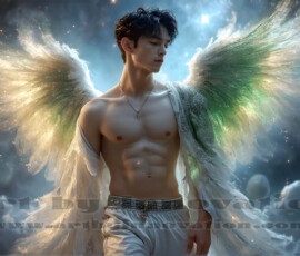 Stunning AI-generated male angel art — handsome heavenly warriors with enormous shimmering wings descending from the celestial realm. Heaven's Warriors Collection by Jeff Dupler.
