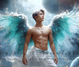 Stunning AI-generated male angel art — handsome heavenly warriors with enormous shimmering wings descending from the celestial realm. Heaven's Warriors Collection by Jeff Dupler.