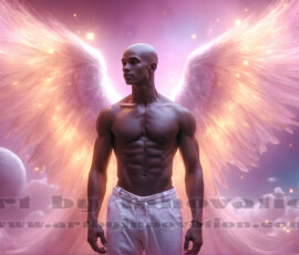 Stunning AI-generated male angel art — handsome heavenly warriors with enormous shimmering wings descending from the celestial realm. Heaven's Warriors Collection by Jeff Dupler.