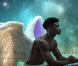 Stunning AI-generated male angel art — handsome heavenly warriors with enormous shimmering wings descending from the celestial realm. Heaven's Warriors Collection by Jeff Dupler.