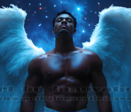 Stunning AI-generated male angel art — handsome heavenly warriors with enormous shimmering wings descending from the celestial realm. Heaven's Warriors Collection by Jeff Dupler.