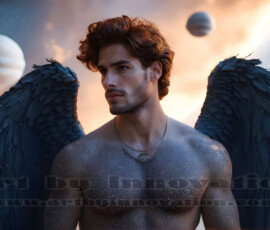 Stunning AI-generated male angel art — handsome heavenly warriors with enormous shimmering wings descending from the celestial realm. Heaven's Warriors Collection by Jeff Dupler.