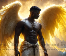 Stunning AI-generated male angel art — handsome heavenly warriors with enormous shimmering wings descending from the celestial realm. Heaven's Warriors Collection by Jeff Dupler.