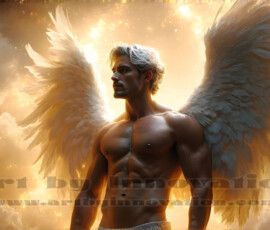 Stunning AI-generated male angel art — handsome heavenly warriors with enormous shimmering wings descending from the celestial realm. Heaven's Warriors Collection by Jeff Dupler.