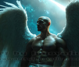 Stunning AI-generated male angel art — handsome heavenly warriors with enormous shimmering wings descending from the celestial realm. Heaven's Warriors Collection by Jeff Dupler.
