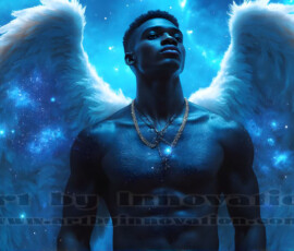Stunning AI-generated male angel art — handsome heavenly warriors with enormous shimmering wings descending from the celestial realm. Heaven's Warriors Collection by Jeff Dupler.