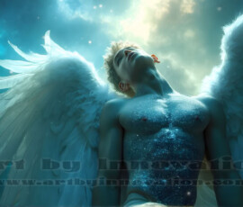 Stunning AI-generated male angel art — handsome heavenly warriors with enormous shimmering wings descending from the celestial realm. Heaven's Warriors Collection by Jeff Dupler.