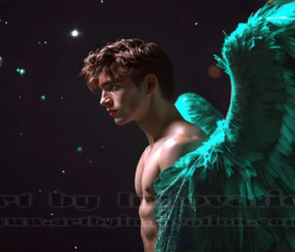 Stunning AI-generated male angel art — handsome heavenly warriors with enormous shimmering wings descending from the celestial realm. Heaven's Warriors Collection by Jeff Dupler.