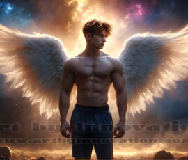 Stunning AI-generated male angel art — handsome heavenly warriors with enormous shimmering wings descending from the celestial realm. Heaven's Warriors Collection by Jeff Dupler.