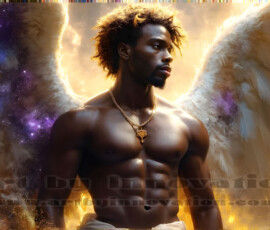 Stunning AI-generated male angel art — handsome heavenly warriors with enormous shimmering wings descending from the celestial realm. Heaven's Warriors Collection by Jeff Dupler.