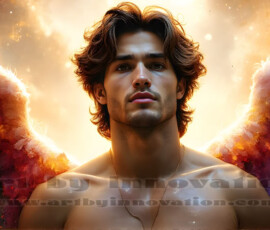 Stunning AI-generated male angel art — handsome heavenly warriors with enormous shimmering wings descending from the celestial realm. Heaven's Warriors Collection by Jeff Dupler.
