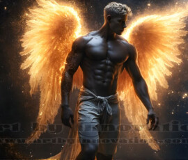 Stunning AI-generated male angel art — handsome heavenly warriors with enormous shimmering wings descending from the celestial realm. Heaven's Warriors Collection by Jeff Dupler.
