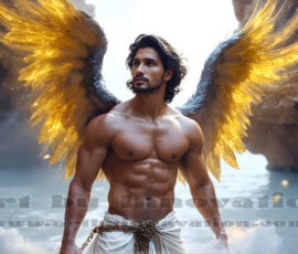 Stunning AI-generated male angel art — handsome heavenly warriors with enormous shimmering wings descending from the celestial realm. Heaven's Warriors Collection by Jeff Dupler.