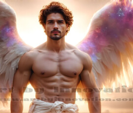 Stunning AI-generated male angel art — handsome heavenly warriors with enormous shimmering wings descending from the celestial realm. Heaven's Warriors Collection by Jeff Dupler.