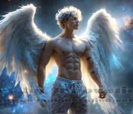 Stunning AI-generated male angel art — handsome heavenly warriors with enormous shimmering wings descending from the celestial realm. Heaven's Warriors Collection by Jeff Dupler.