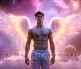 Stunning AI-generated male angel art — handsome heavenly warriors with enormous shimmering wings descending from the celestial realm. Heaven's Warriors Collection by Jeff Dupler.