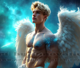 Stunning AI-generated male angel art — handsome heavenly warriors with enormous shimmering wings descending from the celestial realm. Heaven's Warriors Collection by Jeff Dupler.