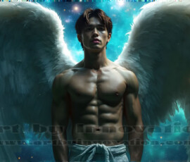Stunning AI-generated male angel art — handsome heavenly warriors with enormous shimmering wings descending from the celestial realm. Heaven's Warriors Collection by Jeff Dupler.