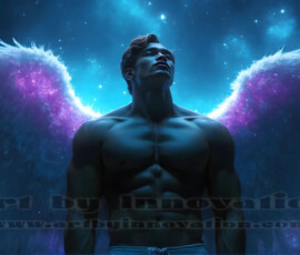 Stunning AI-generated male angel art — handsome heavenly warriors with enormous shimmering wings descending from the celestial realm. Heaven's Warriors Collection by Jeff Dupler.